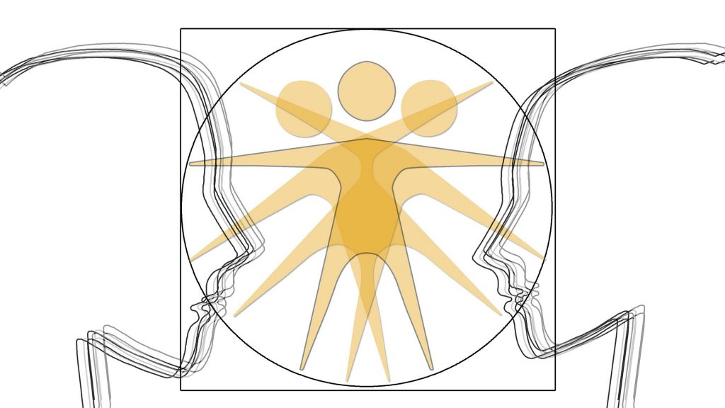 Symbol picture for "holistic" - two faces looking at a symbol picture of Leonardo's "man". 