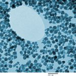 The image shows nanoparticles in an electron microscope image with a size scale in nanometers.