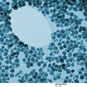 The image shows nanoparticles in an electron microscope image with a size scale in nanometers.