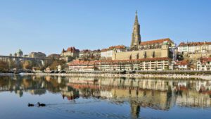 scenic view of bern with cathedral reflection