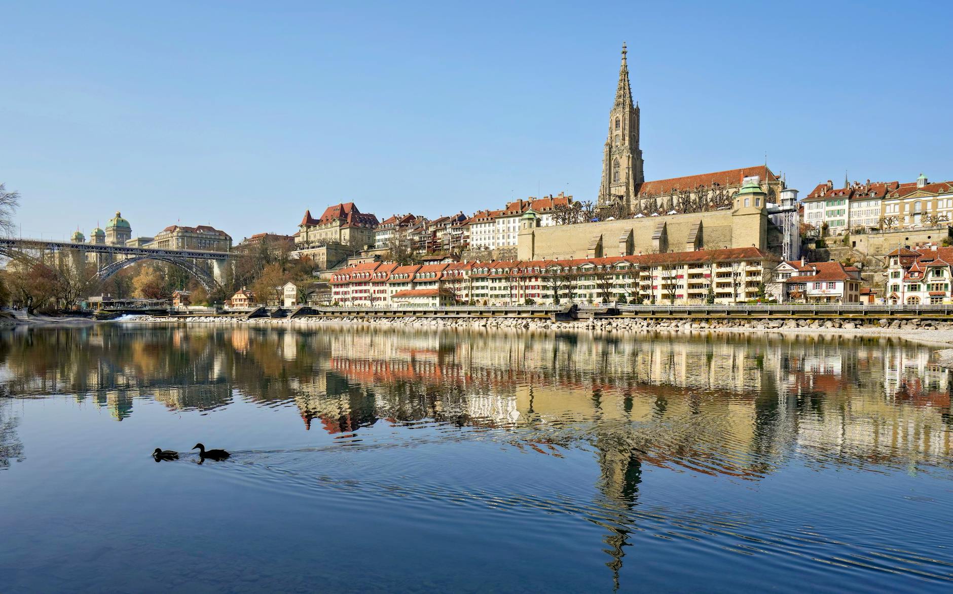 scenic view of bern with cathedral reflection
